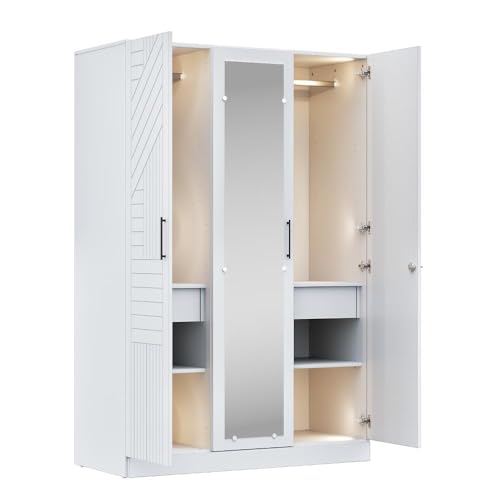 Image of Wakefit Wardrobe for Bedroom | 3 Yr Warranty | Cupboard for Bedroom, Almirah, Wooden Wardrobe, Comes with LED light, Storage Drawer, Mirror & Hanger, Density:680-750kg /m, Free Installation(Tyrian-FW)