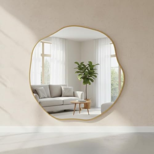 Image of 18 x 18 Inch Gold Irregular Wall Mirror - Modern Asymmetrical Design with Plastic Frame, Decorative Wall Mirror for Living Room, Bathroom, Bedroom & Entryway (Gold, Round)