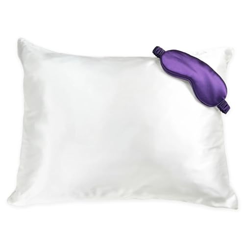 100% Mulberry Silk Pillowcase and Eye Mask Gift Set 22MM - King/White/Plum