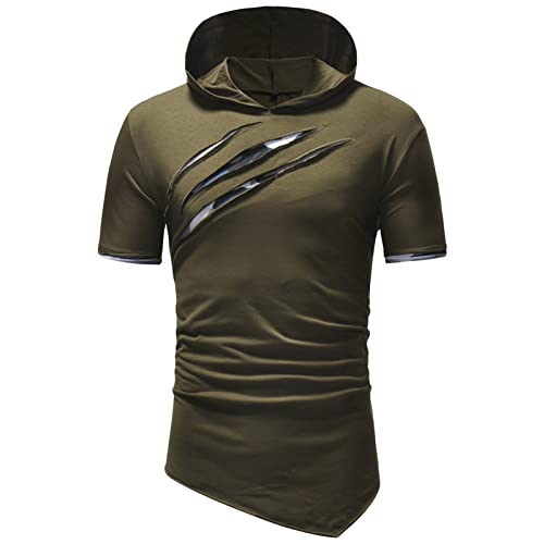 Maiyifu-GJ Mens Hip Hop Ripped Hoodie Tops Short Sleeve Hooded Workout Sweatshirts Casual Athletic Hoodies T-Shirt Pullover (Armygreen,3X-Large)