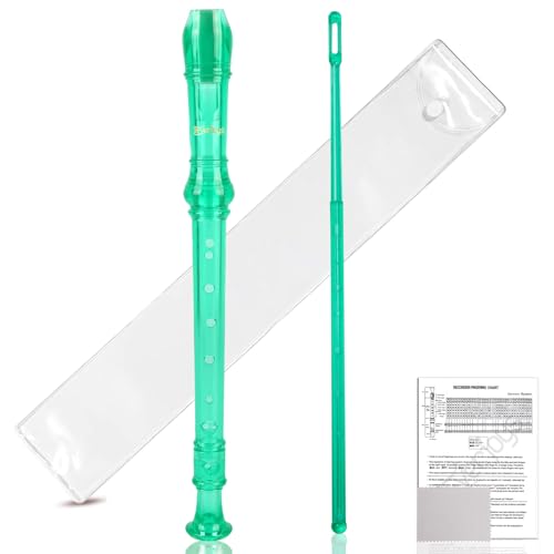 Everjoys Soprano Recorder for Beginners - German C Key Style 8 Hole Flute Detachable 3pcs ABS Crystal Music Recorders w/Cleaning Rod,Bag and Fingering Chart, Transparent Green