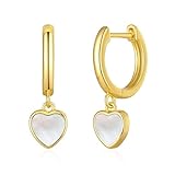 Philip Jones 18k Gold Plated Mother of Pearl Gemstone Heart Charm Hoop Earrings