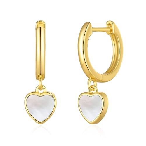 Philip Jones 18k Gold Plated Mother of Pearl Gemstone Heart Charm Hoop Earrings