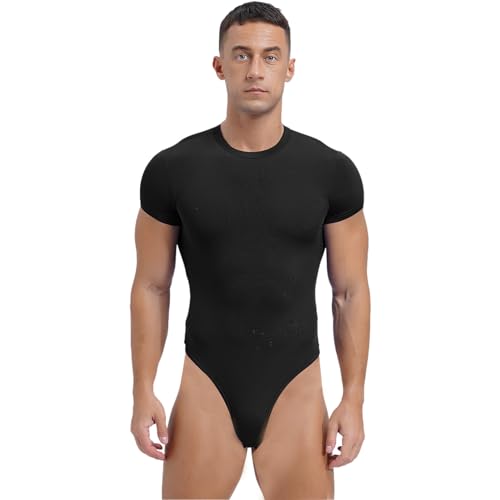 ranrann Männer Body Sexy Kurzarm Unterhemd Eng Bodysuit Einteiler Stringbody Einfarbig Hohe Beinausschnitt Herren Unterwäsche Dessous Schwarz L