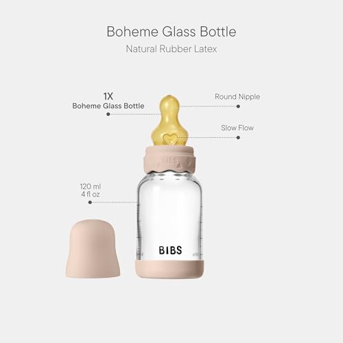 Image of BIBS Boheme Glass Baby Bottle, 120 ml, 1-Pack, Natural Rubber Nipple, Blush