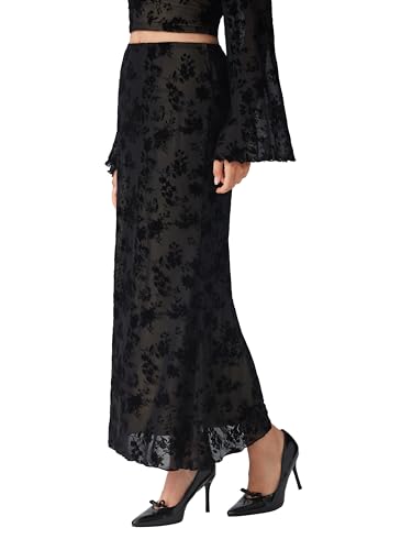 CIDER Floral Print Mesh Maxi Skirt Women's Elegant Evening Date Night Party Skirt2