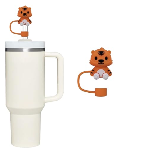Funda de silicona con diseño de león para popote de 10 mm, tapas de paja de animales Stanley para vaso Stanley, compatible con vasos de 30 onzas y 40 onzas, adornos reutilizables a prueba de polvo de
