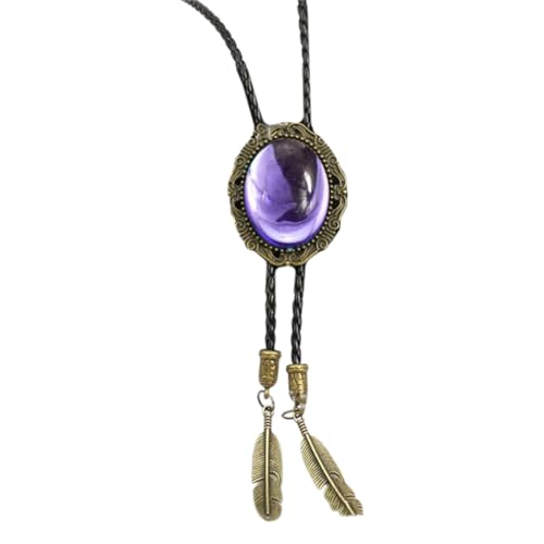 WEYIMVTO Corbata bolo, Corbata con colgante de plumas piedra estilo vaquero occidental, vintage, color morado, como se muestra