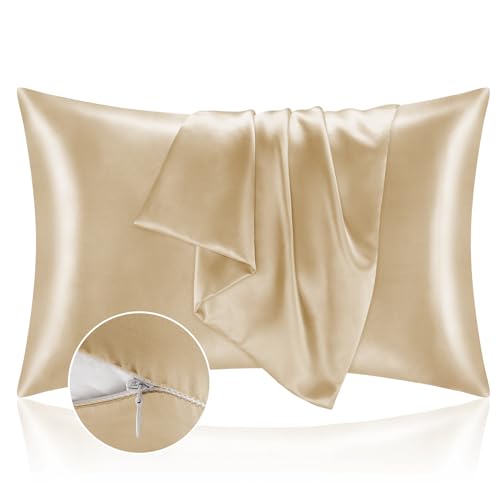 BEDELITE Zipper Satin Pillowcases, King Size 20"x36", Champagne, Set of 2