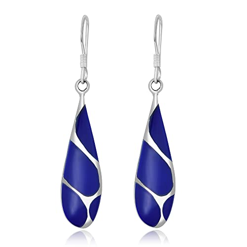 AeraVida Vintage Streaked Teardrop Simulated Blue Lapis Lazuli .925 Sterling Silver Dangle Earrings | Shiny Fish Hook Earrings | 9x45mm Lightweight Gift Jewelry for Women