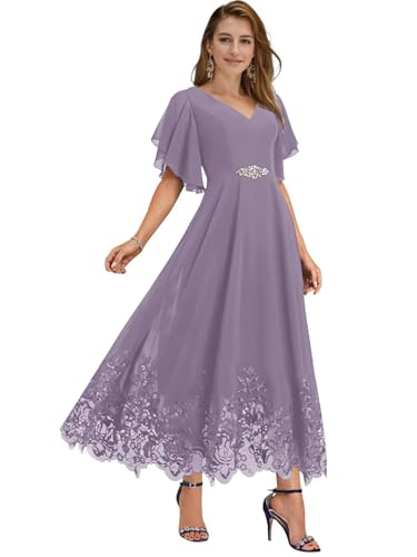 Mother of The Bride Dresses for Wedding Tea Length V Neck Chiffon Lace Formal Evening Dress with Sleeves JH019