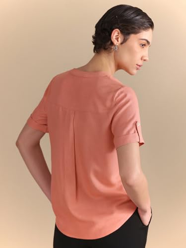 Image of FableStreet Women Formal Top | Asymmetrical Button Placket Band Collar Three-Quarter Sleeves | Pure Cotton Smooth Fabric for Office & Workwear