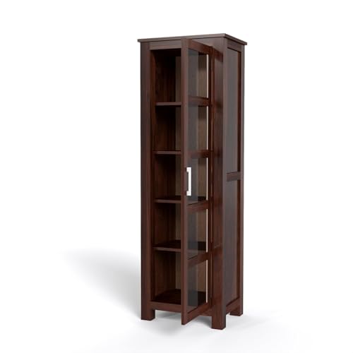 Image of SUNCOM Solid Sheesham Wood Book Shelf - Showcase Glass Door Crockery Storage Unit Or Bookcase, 5-Shelf Wooden Book Rack, Display Cabinet Furniture for Home, Kitchen & Library Areas (Walnut Finish)