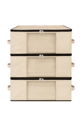 Image of Kottify Pack of 3 Cotton Canvas Clothes Storage Bags /Saree Covers with Zip for Storage Specially Design for Woman Dresses, Sarees, Lehengas for Wardrobe Organizer (17 x 14 x 7 Inch)
