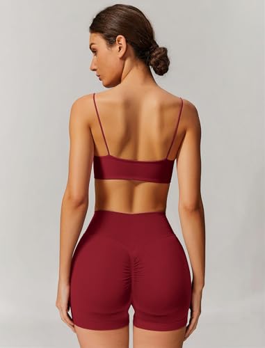 OMEWEE Workout sets for women 2 piece:Spaghetti Straps BacklessTop Bra and Anti-squat shorts for yoga Wine red M — view 6