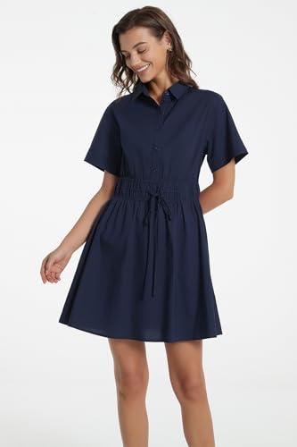 Image of D-Sun Women Casual Button Down Shirt Dress V-Neck Short Sleeve Tie Waist Mini Shirt A-Line Flowy Elegant Short Party Dress