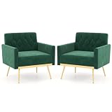 Giantex Modern Velvet Accent Chair Set of 2, Mid-Century Upholstered Single Sofa Chair w/Button Tufted Back, Gold Metal Legs, Adjustable Foot Pads, Living Room Armchair for Bedroom, Emerald Green