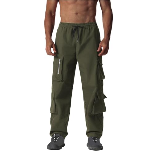 Tactical Cargo Pants for Men Waist Drawstring Joggers Sweatpants Casual Loose Fit Outdoor Pants with Zipper Pockets