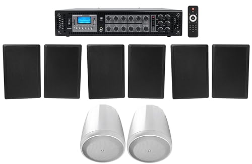 Rockville Bundle: (1) RCS180-6 180 Watt 6 Zone 70v Restaurant Amplifier Bundle with (6) RockSlim 70B Black 5.25