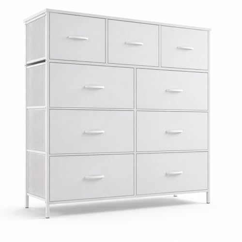 Image of DUMOS Dresser for Bedroom, Storage Organizer with 9 Drawers, Chest of Drawers with Fabric Bins, Sturdy Metal Frame, Wood Tabletop for Guest Room, Closet, Entryway, White