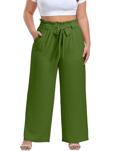 Image of OLRIK Women's Plus Size Pants Adjustable High Waisted Wide Leg Palazzo Pants Casual Trousers with Pockets Spring Clothes
