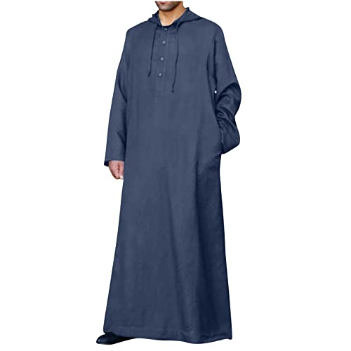 Cambkatl Mens Kaftan Hooded Muslim Robe Cotton Linen Loungewear Button V Neck Long Nightgown Shirt Thobe with Pockets