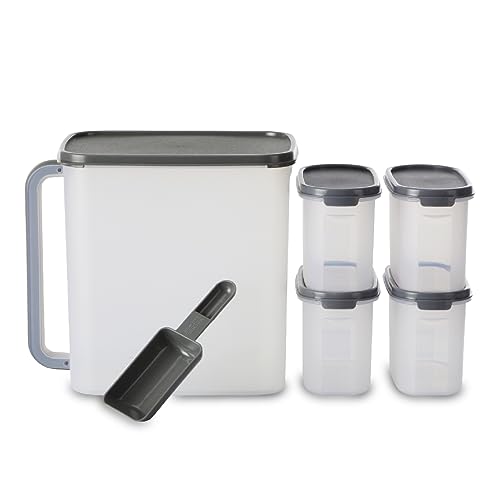 Image of KOLORR Modular Plastic Containers Set for Kitchen Storage Combo, Set of 5 (1100ml x 4 / 9000ml x 1) | Dry Food Organizer | Air Tight Grocery Jar /Container with Scoop | Food Grade | Transparent