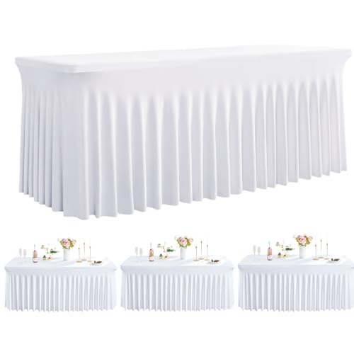 Image of Outpain White Spandex Table Clothes for 8 Foot Rectangle Tables-3Pack 8FT Spandex Fitted Table Cover, Wrinkle Free Tablecloths with Skirt for Parties, Wedding, Birthday, Banquet, Festival