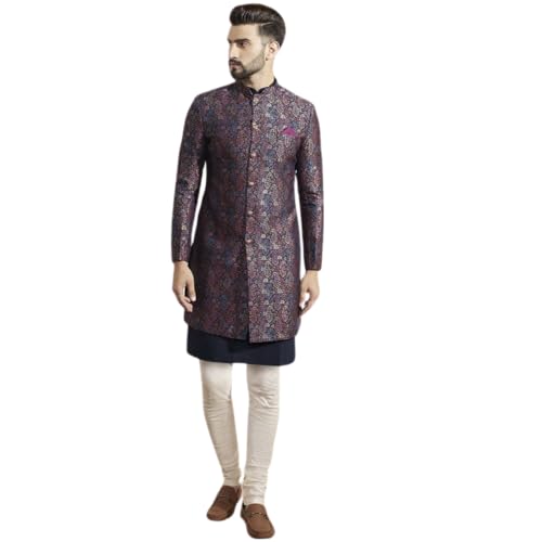 KISAH Men's Kurta Indo-Western Sherwani Churidar Set, Multi Silk Blend, Woven Design Regular Fit Mandarin Collar Long Sleeves (S) Deal