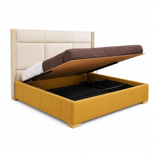 Image of Royal Modern Upholstered Queen Size Bed with Hydraulic Storage for Bedroom | Wooden Double Beds for Home & Hotels | Platform Cot Bed with Upholstery Fabric, 6.5 x 5 Ft | Sheesham, White-Gold