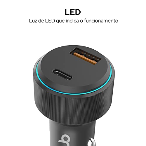 WB Carregador USB-C e USB-A rápido Veicular com duas entradas 48W, Preto