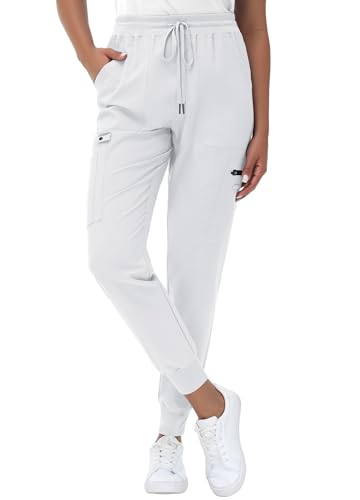 Image of MIVEI High Waisted Jogger Style Scrub Pants for Women - 8 Pockets Medical Bottoms Tapered Yoga Waistband Ribbed Ankle Cuffs