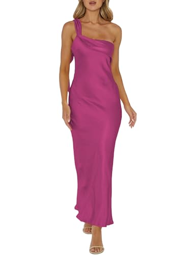 Image of 2026 Satin One Shoulder Maxi Dress for Women Summer Silk Formal Elegant Backless Ruffle Sleeveless Wedding Guest Dresses