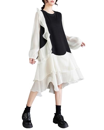 ellazhu Women's Dress Loose Oversize Casual Patchwork Drawstring Crewneck Mid Length Baggy GZ341 A