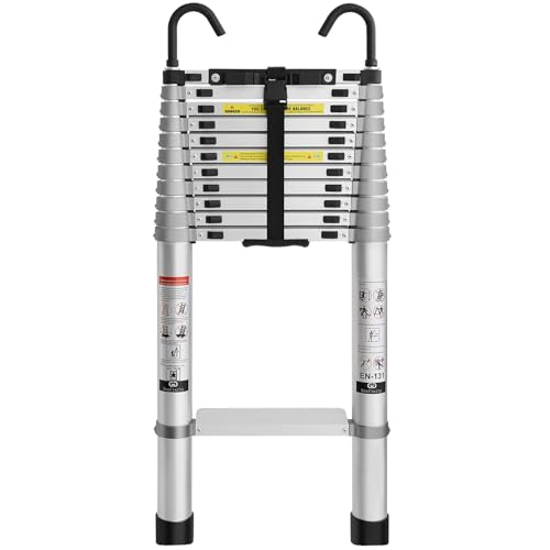 Grefinity 15 FT Aluminum Telescoping Ladder with Hooks, Extension Ladder with Reinforced Alloy Joints, 400 lbs Load Capacity with Non-Slip Feet, Compact Portable for Home, RV, Attic and Roof Use