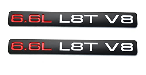 Image of 2Pcs 6.6L L8T V8 Liter Gas Emblems 3D Engine Hood Badge Sticker Nameplate Replacement for 20-22 Silverado 2500HD 3500HD Z71 Sierra Door (Black Red Silver)