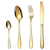 LUXCUTLERY - Set di 24 posate in oro, coltello, forchetta, cucchiaio, posate in acciaio inox, lavabili in lavastoviglie, design elegante, colore: oro