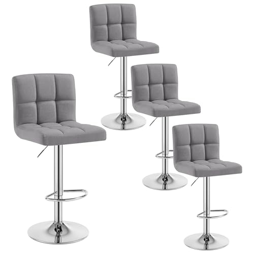 WOLTU Tabourets Bar Lot de 4 Pied Noir/Blanc en Métal Siège en Lin rembourrée Ajustables en Hauteur avec Dossier, Gris Clair, BH32hgr-4
