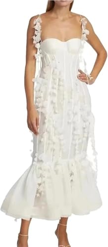 Women White Tassel Hem Gown 3D Floral Tulle Beach Wedding Resort Dress Elegant Maxi Summer