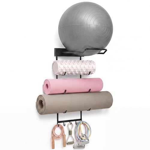 Image of Geelin Yoga Mat and Ball Holder Wall Mount, 4-Tier Yoga Mat & Ball Storage Rack, Home Gym Organizer, Black Metal Floating Shelf for Hanging Foam Rollers & Resistance Bands (5 Hooks Style,Black)