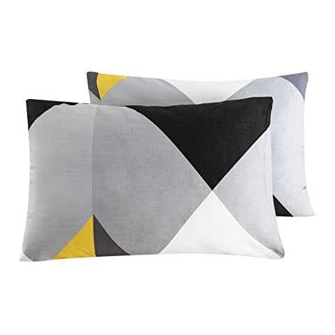 SUSYBAO 100% Cotton Pillowcases Queen Size Set of 2 Yellow and Gray Geometric Bed Pillow Covers Envelope Closure End Pillow Protectors Premium Quality Soft Breathable Durable Easy Care, 20 in x 26 in Cover