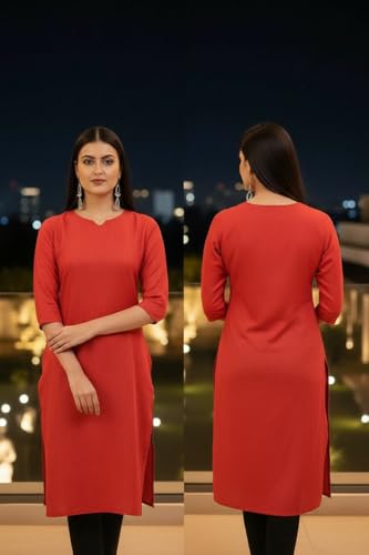 Image of Saanjh Women's Fit Straight Cotton Blend Long Kurta, 3 /4 Sleeve, Knee Length Kurtis, Casual and Office Wear