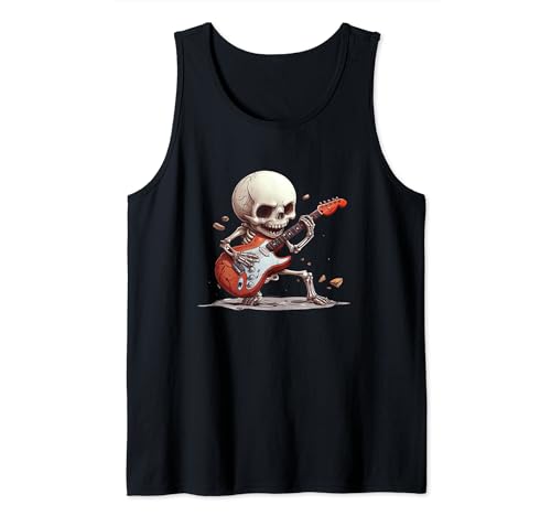 Skeleton Playing Guitar Rock Graphic Band Tee Camiseta sin Mangas