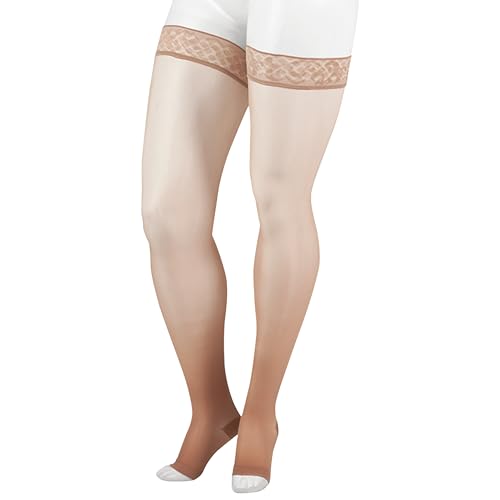 Image of Juzo Naturally Sheer, 2101 Thigh-High, 20-30 mmHg, Open Toe Compression Stockings with Silicone Top Band, Short, 5 (V), Beige