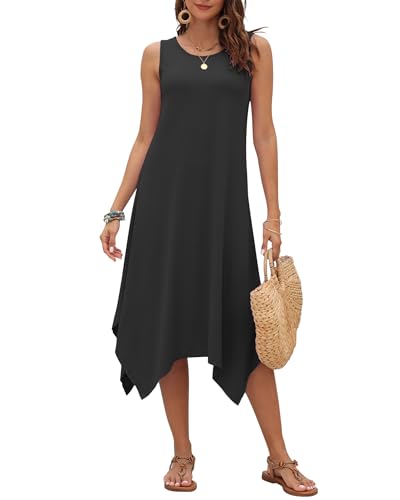 AUSELILY Women's Summer Dresses 2025 Casual Sleeveless Sundress Asymmetrical Hem Midi Tank Beach Dress with Pockets2