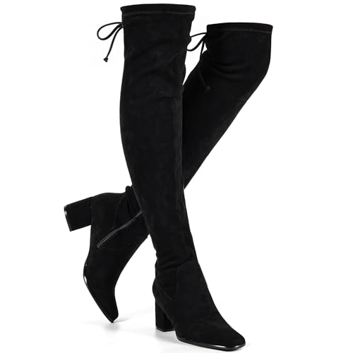 Vipost Square Toe 2.5-inch Thigh High Boots, Suede Over the Knee High Boots for Women, Chunky Block Heel Long Tall Boot with Side Zipper, Fall Winter Fashion 2025