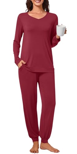syoss Womens Pajama Set Long Sleeve Sleepwear Fall V-Neck Nightwear Soft Pjs 2 Piece Lounge Sets with Pockets2