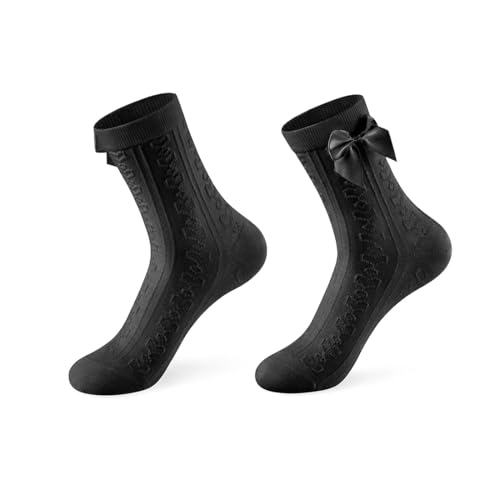 Meameii Black Lace Ruffle Socks for Women Cute Coquette Feminine Frilly Dress Socks with Bow for Sneakers & Dresses