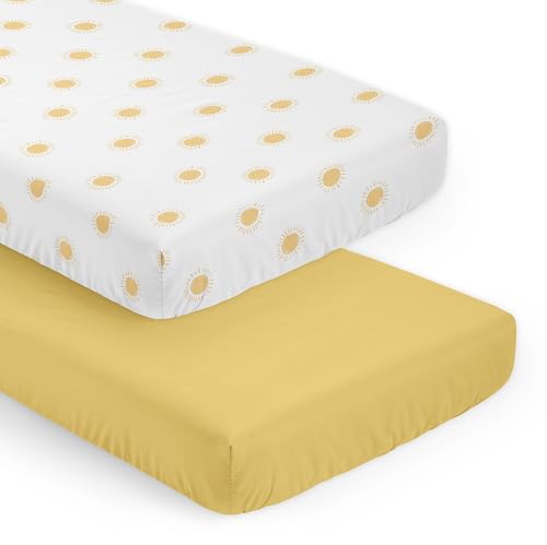 Image of Sweet Jojo Designs 2-Piece Baby Crib Sheets Set (White & Yellow Boho Sun) for Girls or Boys, Infant Nursery, Toddler Room - Fitted, Standard Size (Solid Mustard & Celestial Sky Desert Sunshine Nature)