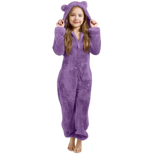 Onesie for Kids Girls Boys Plain Fleece Hooded Onesies Pjs Soft Fluffy Loungewear Cozy Warm Comfortable All in One Jumpsuit Boys Girls Jumpsuits Sleepwear (C-Dark Purple, 12-13 Years)